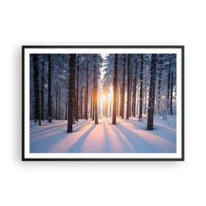Plakat w czarnej ramie - Zimowy las oświetlony promieniami słońca - 100x70cm - Wyraźnie czarno na białym - Nowoczesna dekoracja ścienna do salonu i sypialni ARTTOR