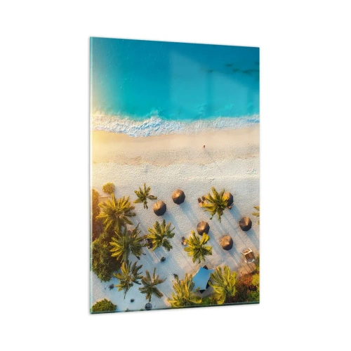 Obraz na szkle - Widok na tropikalną plażę z palmami i turkusowym morzem - 80x120cm - Witaj w raju - Nowoczesna dekoracja ścienna do salonu i sypialni ARTTOR