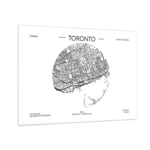 Obraz na szkle - Mapa Toronto w minimalistycznym stylu z siatką ulic - 70x50cm - Anatomia Toronto - Nowoczesna dekoracja ścienna do salonu i sypialni ARTTOR
