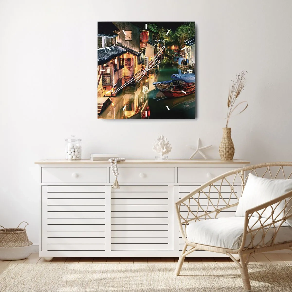 Zegar ścienny - Nocny widok na kanały z tradycyjnymi łodziami i domami - 30x30cm - Wieczór na chińskiej ulicy - Nowoczesna dekoracja ścienna do salonu i sypialni ARTTOR