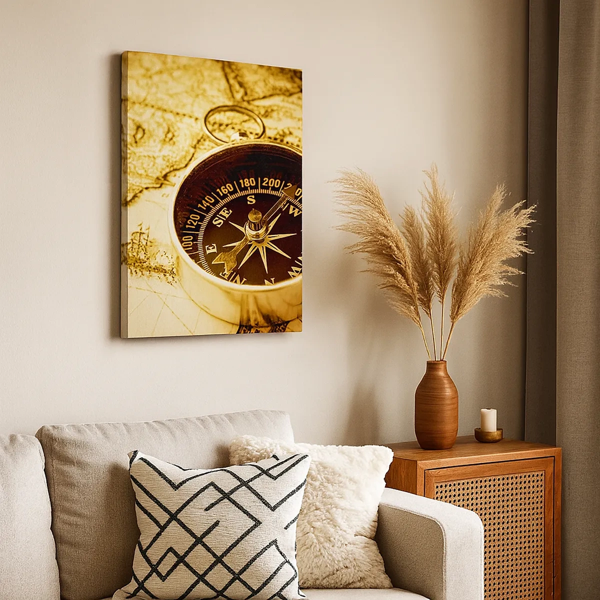 Obraz na płótnie - Kompas na tle starej mapy w stylu vintage - 50x70cm - Na wschód czy na zachód? - Nowoczesna dekoracja ścienna do salonu, kuchni i sypialni ARTTOR