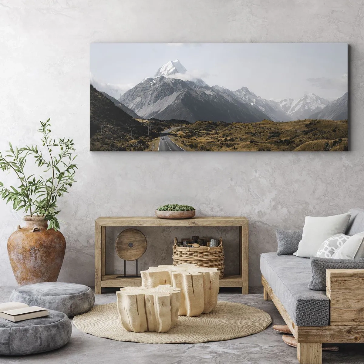 Obraz na płótnie - Droga w górach otoczona malowniczym krajobrazem - 160x50cm - Droga do serca gór - Nowoczesna dekoracja ścienna do salonu i sypialni ARTTOR