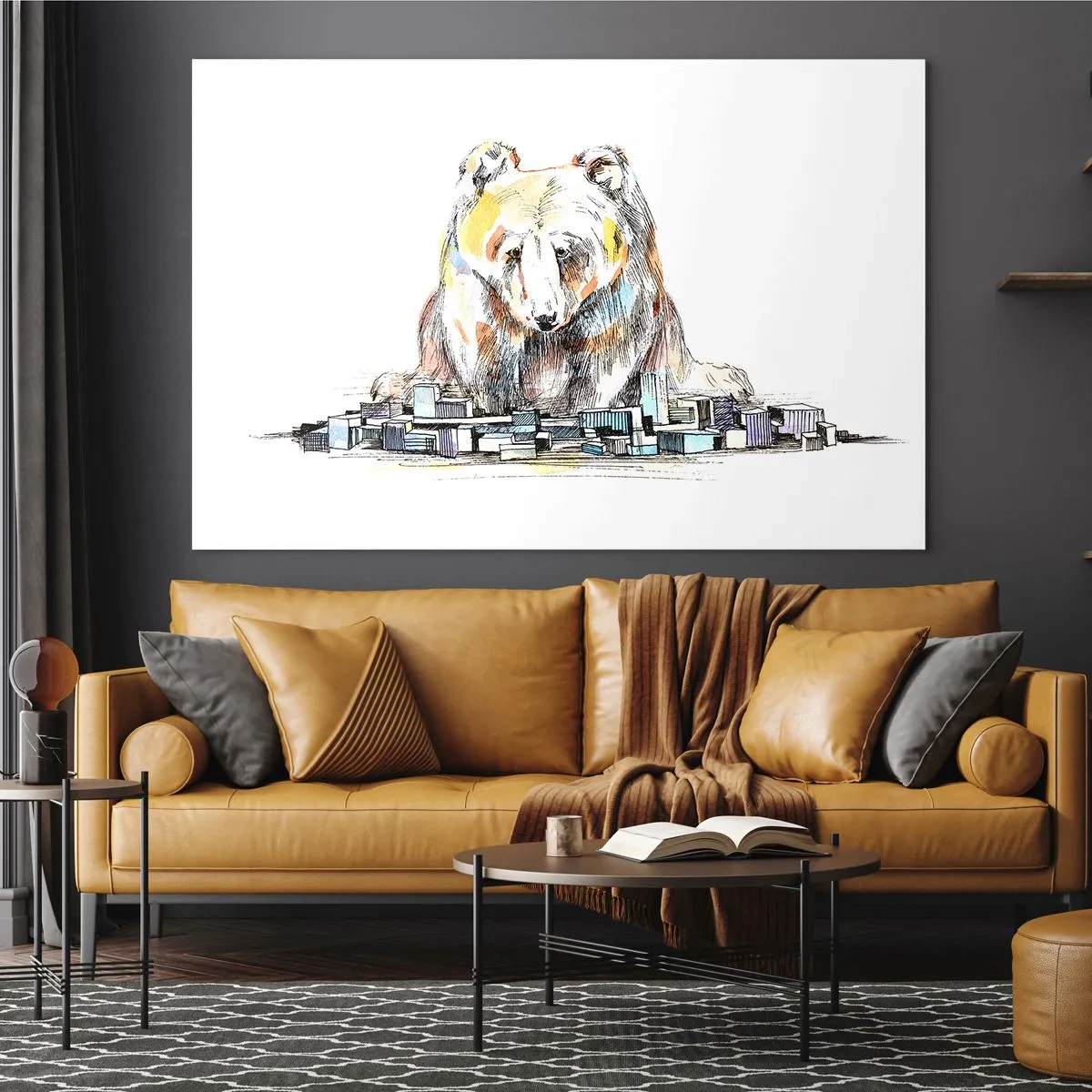 Obraz na szkle - Niedźwiedź patrzący na miasto w artystycznej kompozycji - 120x80cm - Jak można tak żyć? - Nowoczesna dekoracja ścienna do salonu, kuchni i sypialni ARTTOR