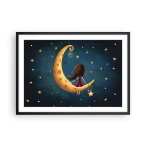 Plakat w czarnej ramie - Dziewczynka na księżycu w otoczeniu gwiazd - 70x50cm - Pewnego razu… - Nowoczesna dekoracja ścienna do salonu i sypialni ARTTOR