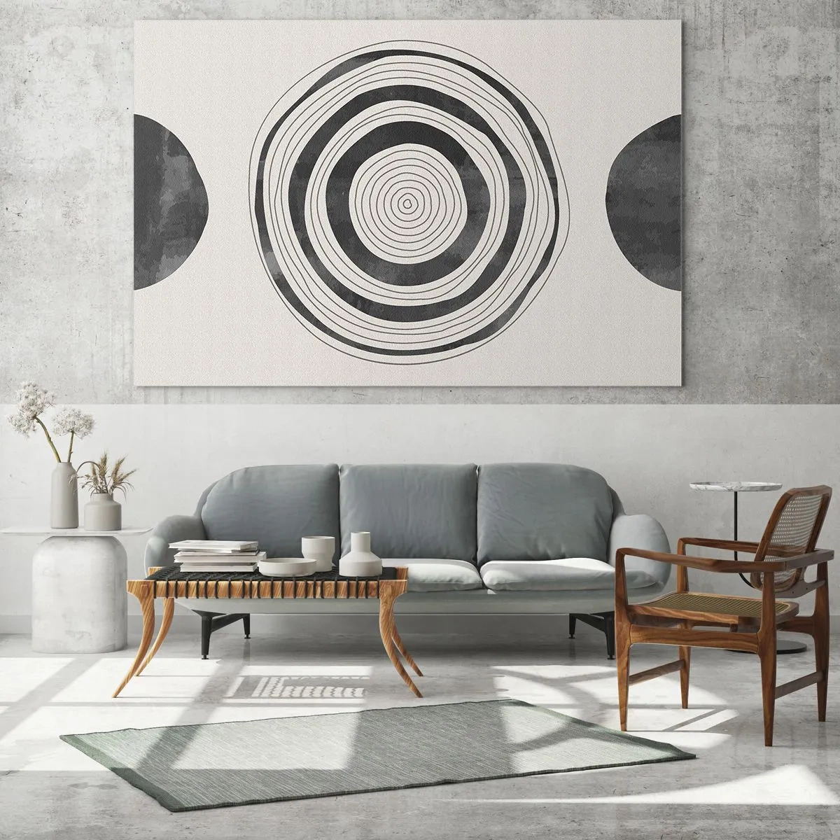 Obraz na szkle - Czarno-biały abstrakcyjny wzór z koncentrycznymi okręgami - 70x50cm - Ważne to co pomiędzy - Nowoczesna dekoracja ścienna do salonu i sypialni ARTTOR