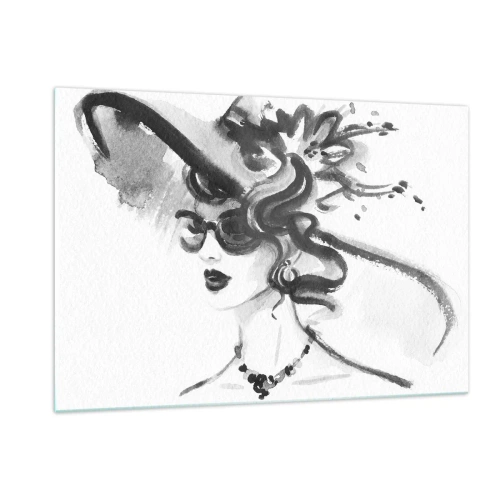 Obraz na szkle - Czarno-biały portret kobiety w kapeluszu - 120x80cm - Dama z charakterem - Nowoczesna dekoracja ścienna do salonu, kuchni i sypialni ARTTOR
