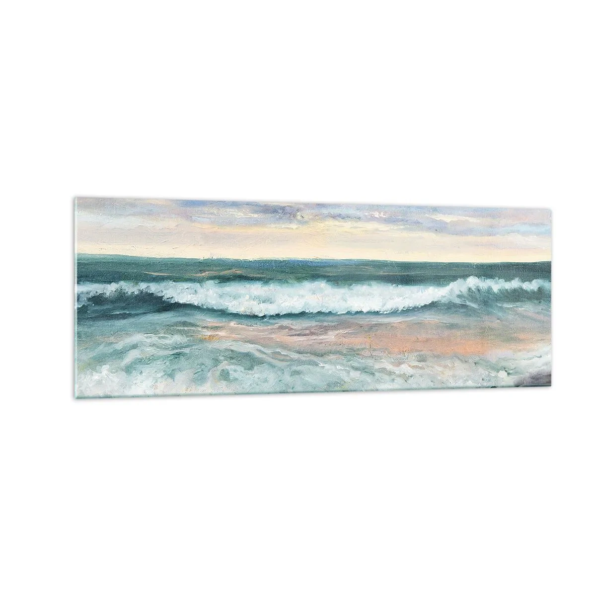 Obraz na szkle - Morskie fale na tle zachmurzonego nieba o zachodzie słońca - 140x50cm - Tutaj wygładzisz duszę - Nowoczesna dekoracja ścienna do salonu i sypialni ARTTOR