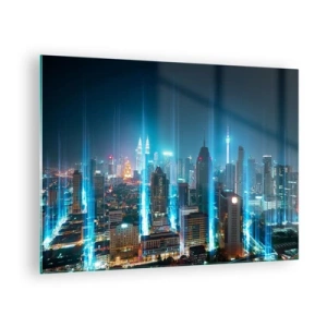 Obraz na szkle - Nocne miasto z wysokimi budynkami i świetlistymi smugami - 70x50cm - Po berlińsku do nieba - Nowoczesna dekoracja ścienna do salonu i sypialni ARTTOR