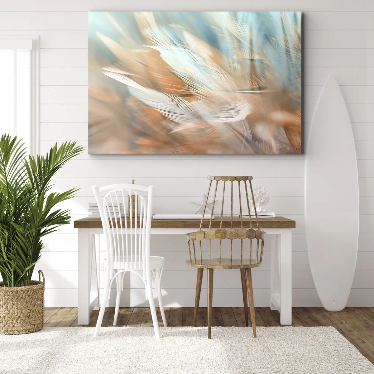 Obraz na płótnie - Delikatne pióra w pastelowych odcieniach błękitu i pomarańczu - 70x50cm - W krainie łagodności - Nowoczesna dekoracja ścienna do salonu i sypialni ARTTOR