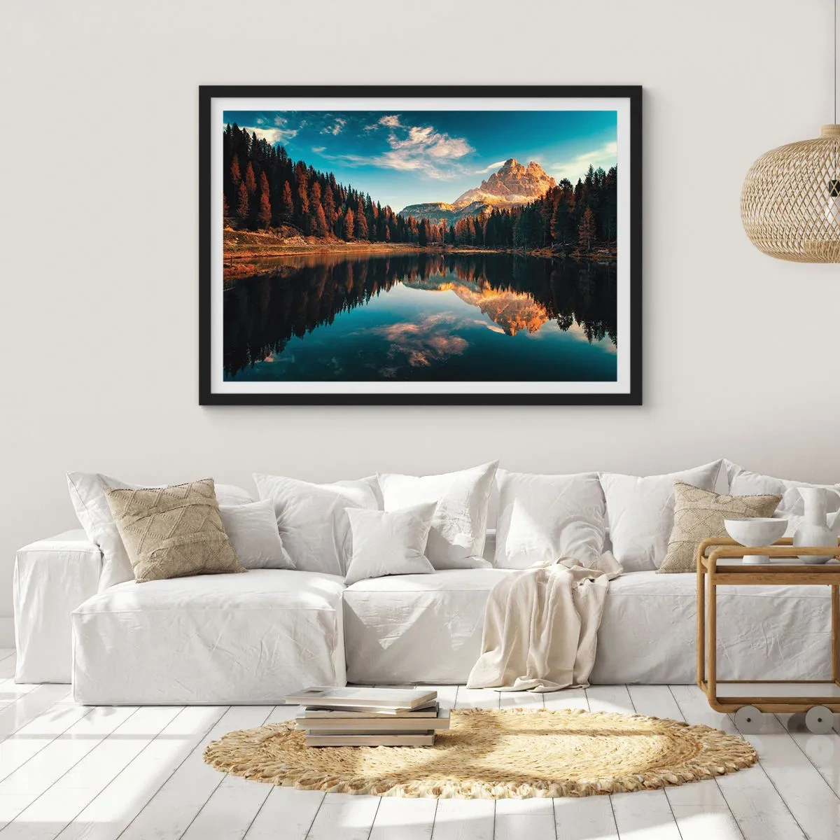 Plakat w czarnej ramie - Górski krajobraz z jeziorem i lasem - 100x70cm - Pejzaż podwójny - Nowoczesna dekoracja ścienna do salonu i sypialni ARTTOR
