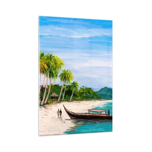 Obraz na szkle - Egzotyczna plaża z palmami i łodzią przy brzegu - 80x120cm - Egzotyczny sen - Nowoczesna dekoracja ścienna do salonu i sypialni ARTTOR