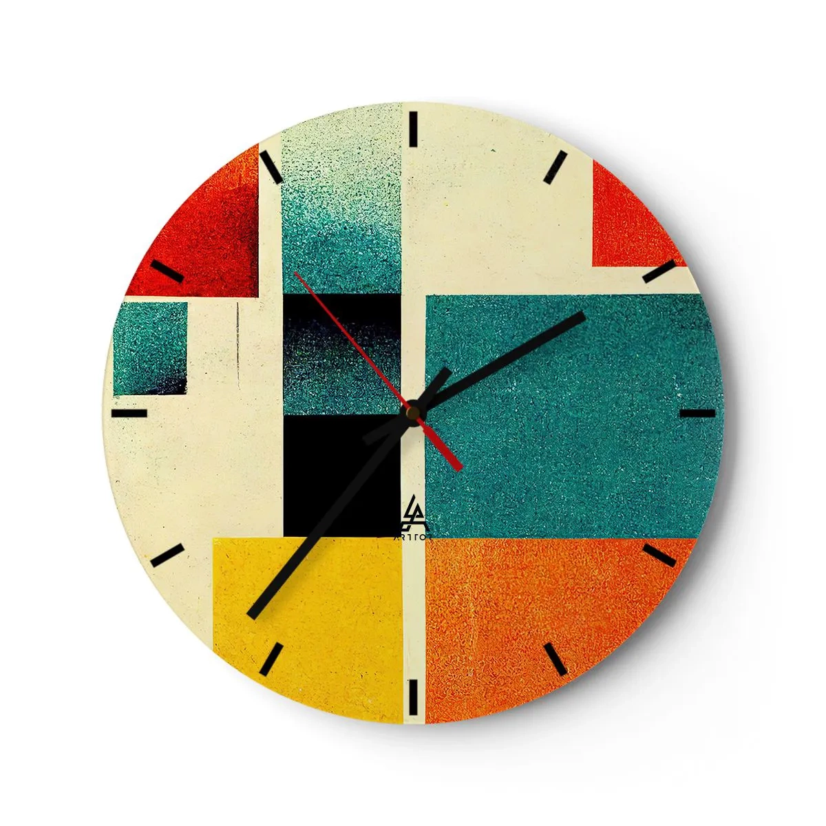 Zegar ścienny - Geometryczna kompozycja z kolorowych prostokątów na jasnym tle - 30x30cm - Abstrakcja geometryczna – dobra energia - Nowoczesna dekoracja ścienna do salonu, kuchni i sypialni ARTTOR