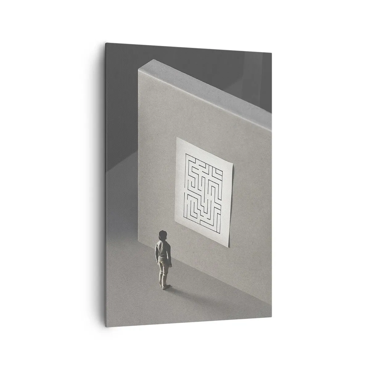 Obraz na płótnie - Postać w labiryncie patrząca na wiszącą mapę - 80x120cm - Ale gdzie jestem? - Nowoczesna dekoracja ścienna do salonu i sypialni ARTTOR