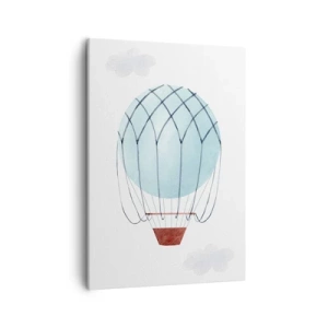 Obraz na płótnie - Minimalistyczna ilustracja balonu na gorące powietrze w odcieniach błękitu - 50x70cm - Cały w chmurach - Nowoczesna dekoracja ścienna do salonu, kuchni i sypialni ARTTOR