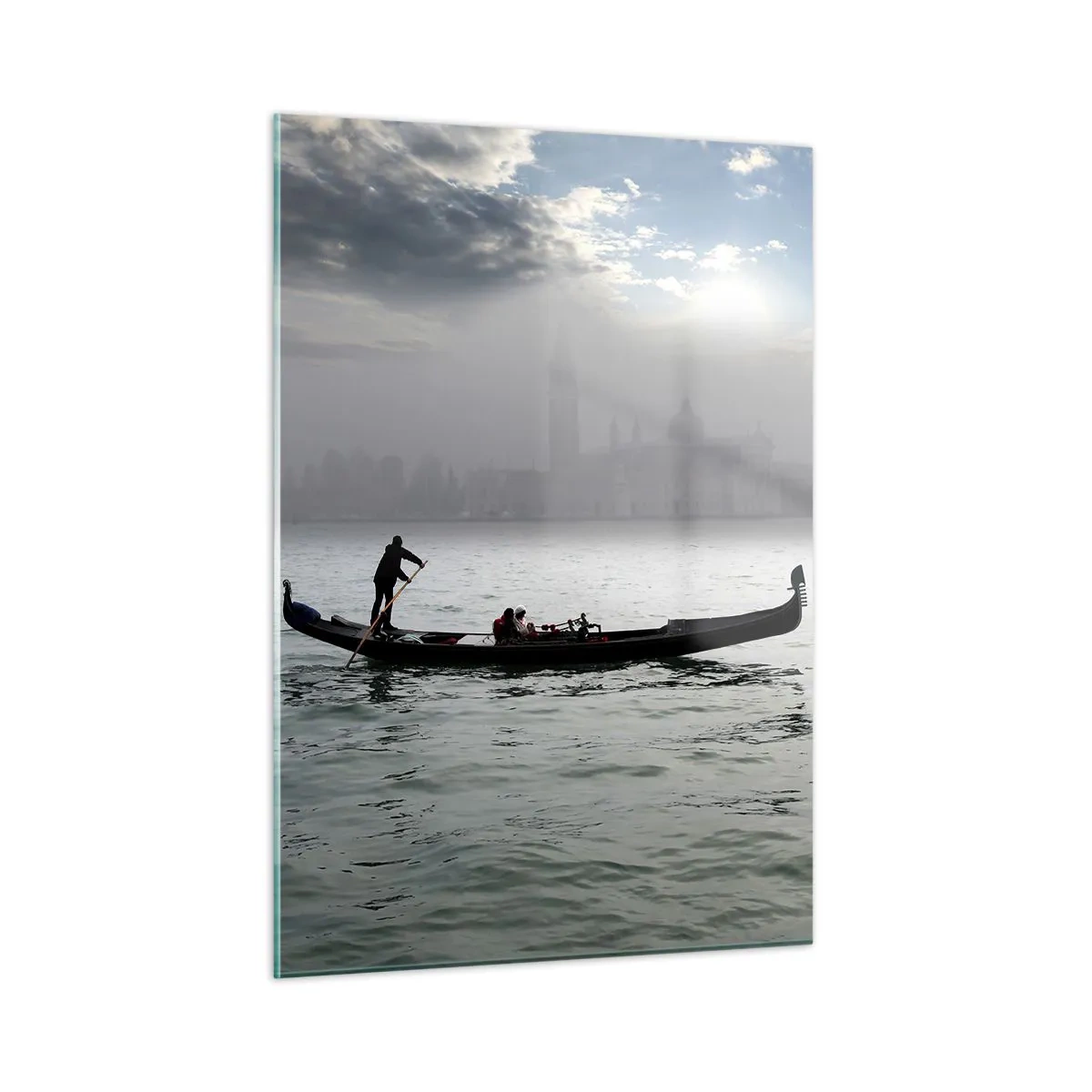 Obraz na szkle - Gondola na wodach Wenecji w mglisty poranek - 50x70cm - Bajeczne miasto z wody i mgły - Nowoczesna dekoracja ścienna do salonu, kuchni i sypialni ARTTOR