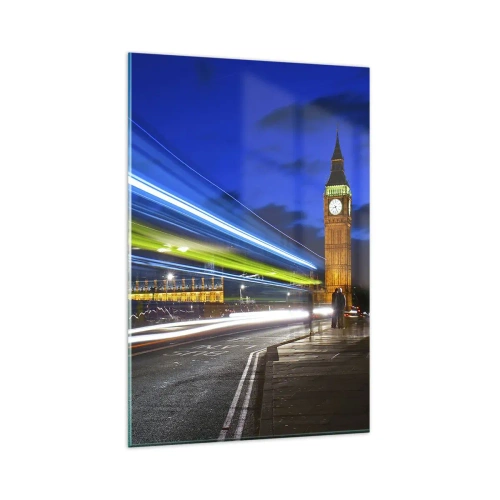 Obraz na szkle - Big Ben nocą z efektem świateł w ruchu na ulicy - 80x120cm - Pod okiem Big Bena - Nowoczesna dekoracja ścienna do salonu i sypialni ARTTOR