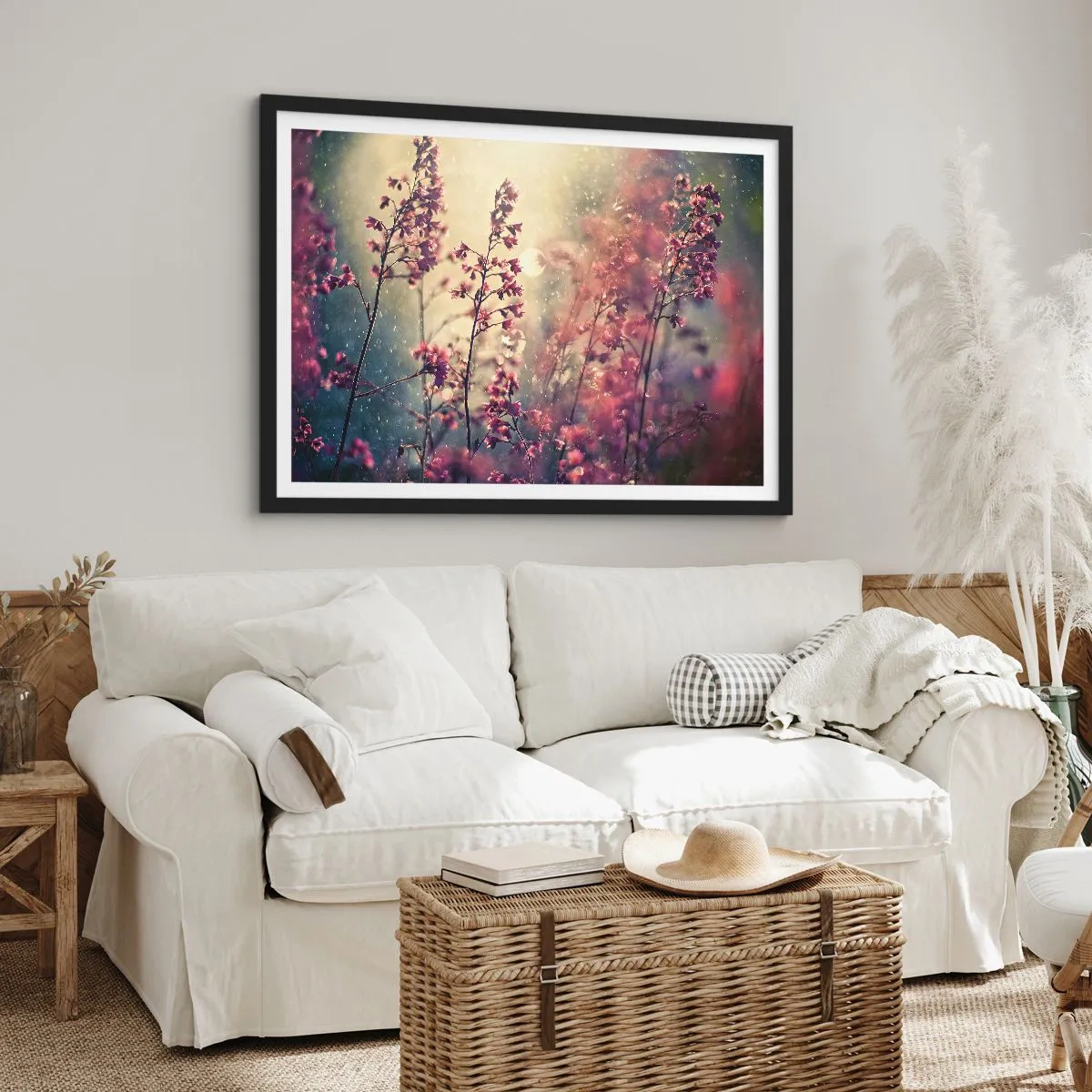 Plakat w czarnej ramie - Kwiaty w świetle słońca na tle natury - 70x50cm - Tajemniczy ogród - Nowoczesna dekoracja ścienna do salonu i sypialni ARTTOR