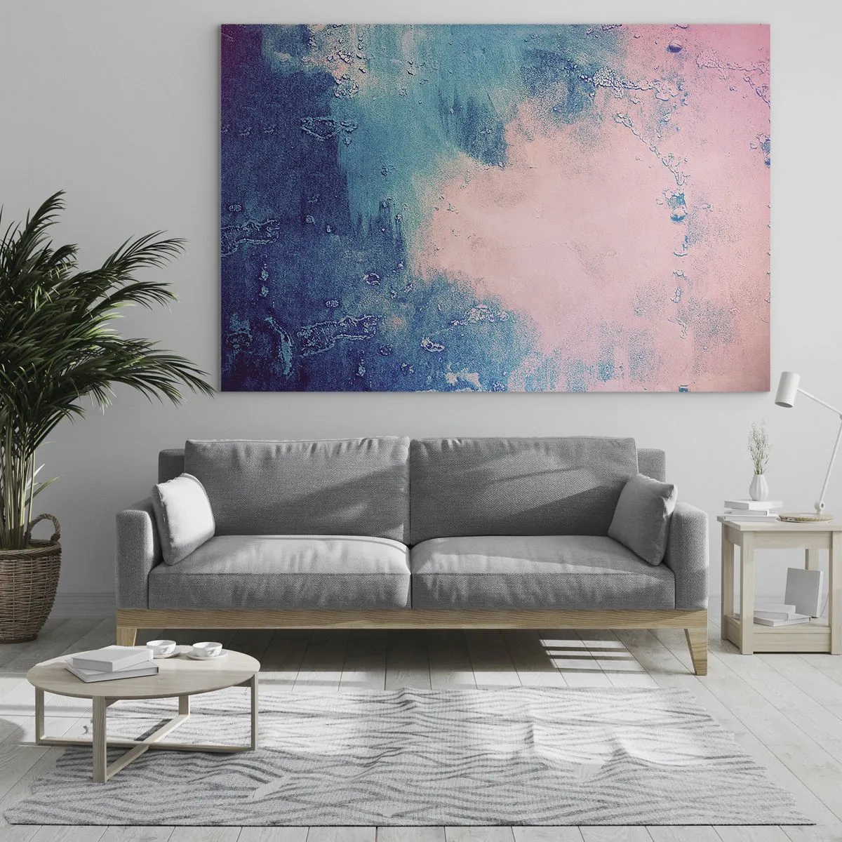 Obraz na szkle - Abstrakcyjne połączenie błękitu i pudrowego różu z fakturą - 70x50cm - Błękitne objęcia - Nowoczesna dekoracja ścienna do salonu i sypialni ARTTOR