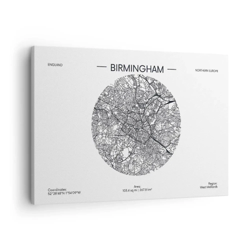 Obraz na płótnie - Minimalistyczna mapa Birmingham w czarno-białej kolorystyce z precyzyjnymi detalami - 70x50cm - Anatomia Birmingham - Nowoczesna dekoracja ścienna do salonu i sypialni ARTTOR