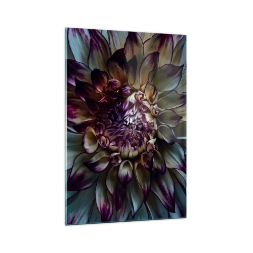 Obraz na szkle - Zbliżenie na kwiat dalii w ciemnych tonach - 70x100cm - Rozkwit młodości - Nowoczesna dekoracja ścienna do salonu i sypialni ARTTOR