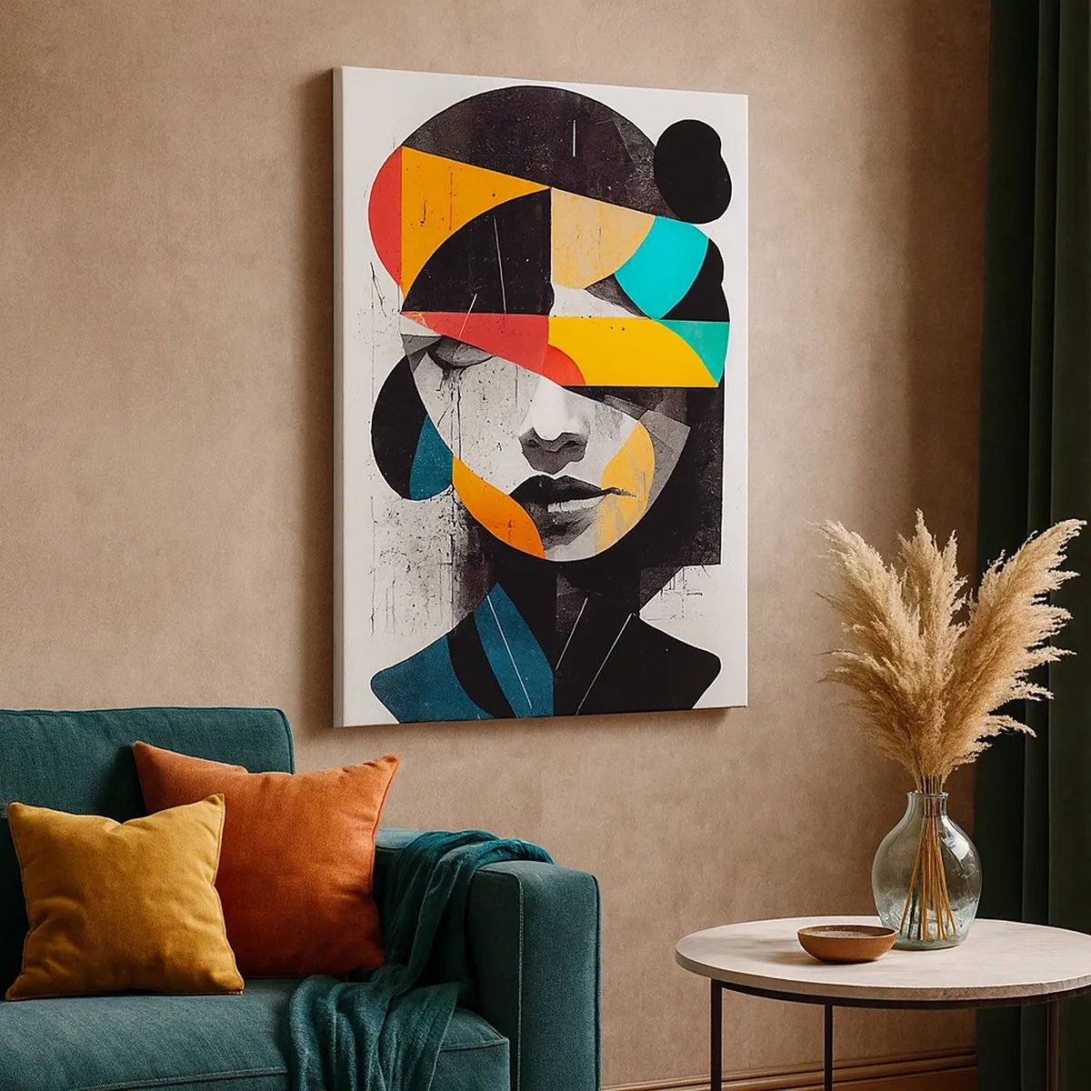 Obraz na płótnie - Abstrakcyjny portret kobiety w geometrycznych kolorowych kształtach - 50x70cm - Portret wewnętrzny wielobarwny - Nowoczesna dekoracja ścienna do salonu, kuchni i sypialni ARTTOR