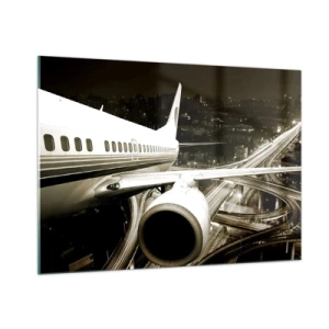 Obraz na szkle - Samolot nad miastem nocą w industrialnym klimacie - 100x70cm - Wzlecieć w noc - Nowoczesna dekoracja ścienna do salonu, kuchni i sypialni ARTTOR