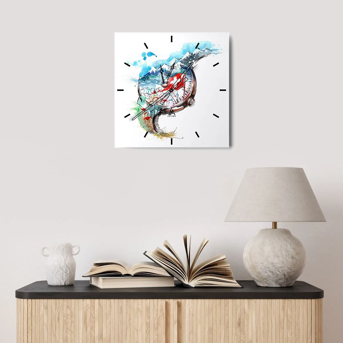 Zegar ścienny - Akwarelowy krajobraz Szwajcarii w zegarku - 30x30cm - Duch Szwajcarii - Nowoczesna dekoracja ścienna do salonu i sypialni ARTTOR