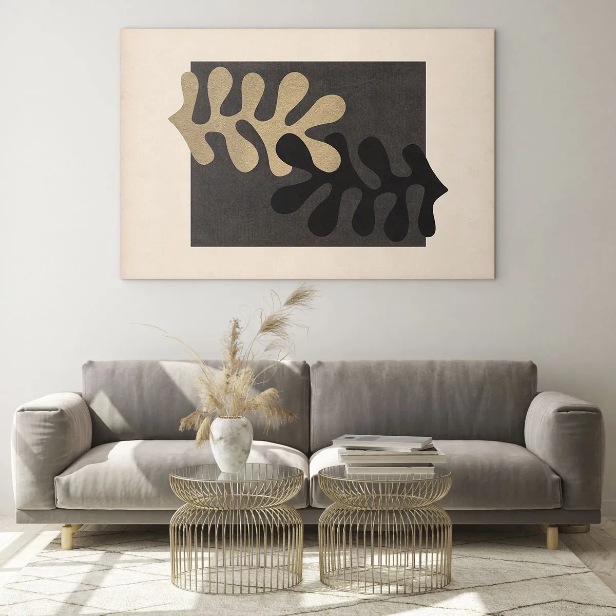 Obraz na szkle - Abstrakcyjne kształty w czerni i beżu na geometrycznym tle - 120x80cm - Brak i dopełnienie - Nowoczesna dekoracja ścienna do salonu, kuchni i sypialni ARTTOR
