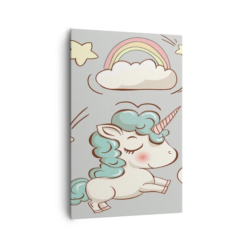 Obraz na płótnie - Urocze jednorożce na pastelowym tle - 80x120cm - Na pewno istnieją… - Nowoczesna dekoracja ścienna do salonu i sypialni ARTTOR