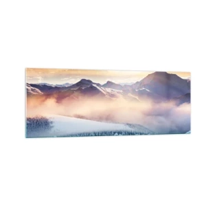 Obraz na szkle - Zaśnieżone góry o świcie z kolorowym niebem - 140x50cm - Siła i czystość natury - Nowoczesna dekoracja ścienna do salonu i sypialni ARTTOR