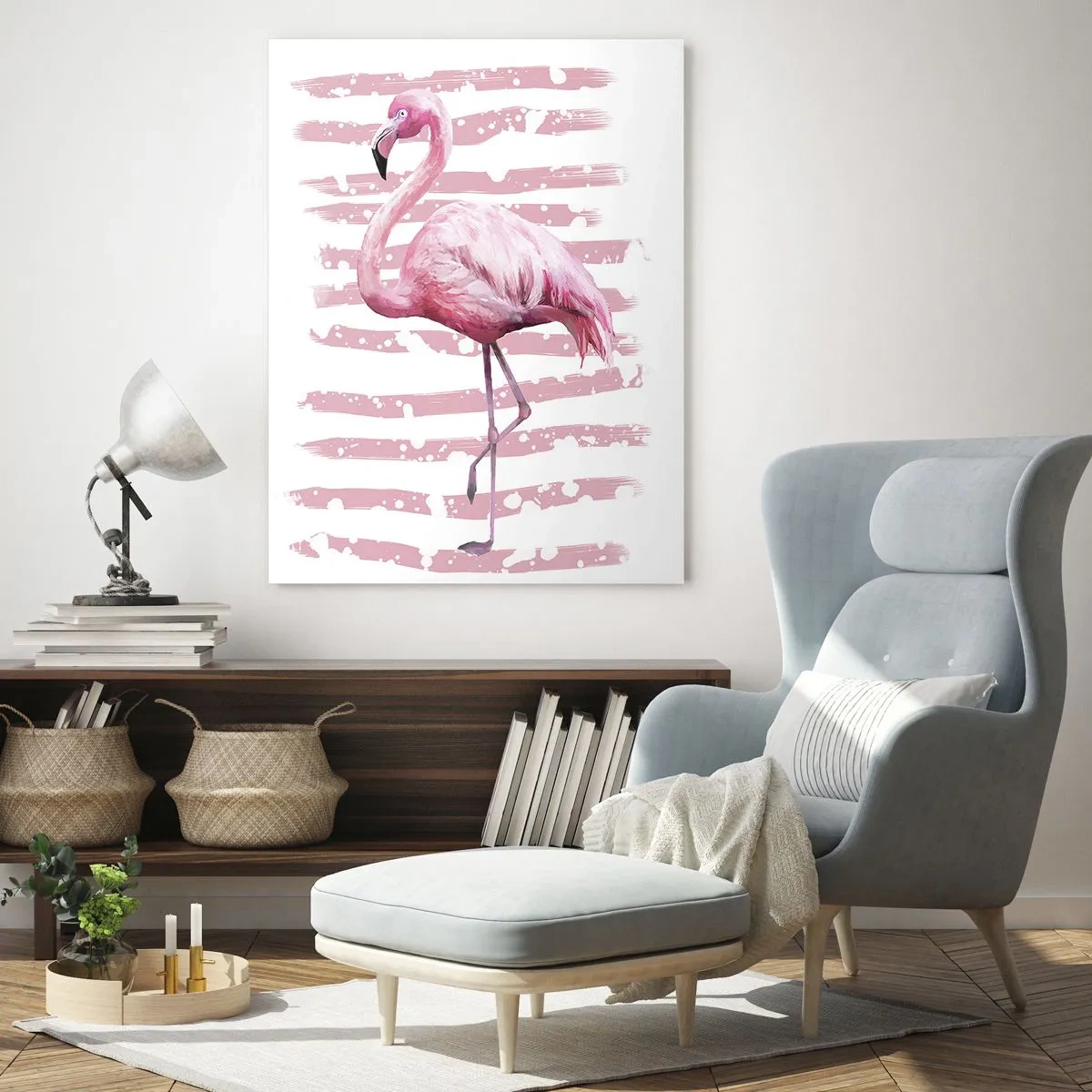 Obraz na szkle - Różowy flaming na tle artystycznych różowych pasów - 50x70cm - Z godnościa, choć na różowo - Nowoczesna dekoracja ścienna do salonu, kuchni i sypialni ARTTOR
