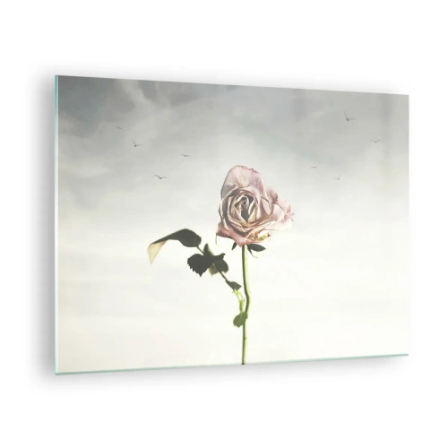 Obraz na szkle - Delikatna róża na tle nieba z lecącymi ptakami - 70x50cm - Powitanie wiosny - Nowoczesna dekoracja ścienna do salonu i sypialni ARTTOR