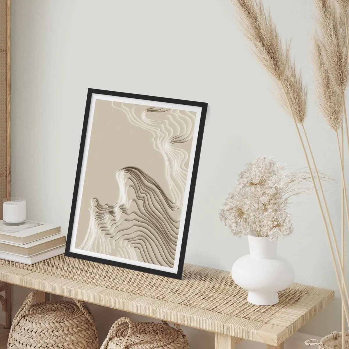 Plakat w czarnej ramie - Warstwowe fale w odcieniach beżu i brązu - 50x70cm - Topografia sztuki - Nowoczesna dekoracja ścienna do salonu i sypialni ARTTOR