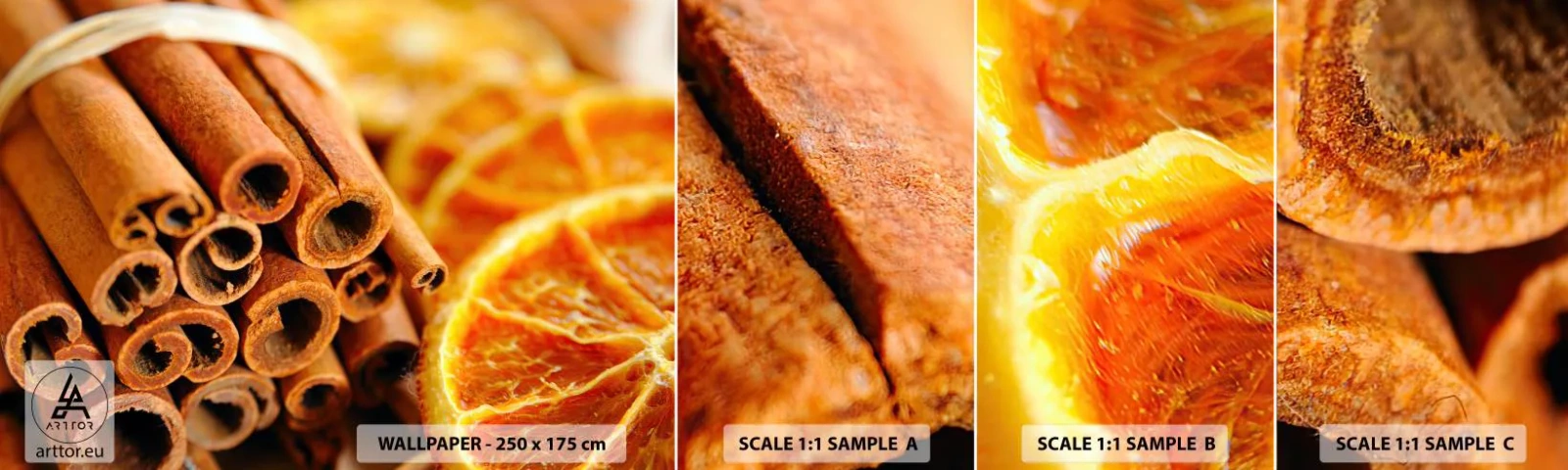 Fototapeta Próbka Standard Eco - Czujesz ich aromat? - Pomarańcza, Laska Cynamonu, Przyprawy - 100x30 cm