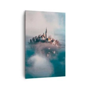 Obraz na płótnie - Malownicza wyspa z kościołem w otoczeniu mgły - 80x120cm - Wyspa marzeń - Nowoczesna dekoracja ścienna do salonu i sypialni ARTTOR