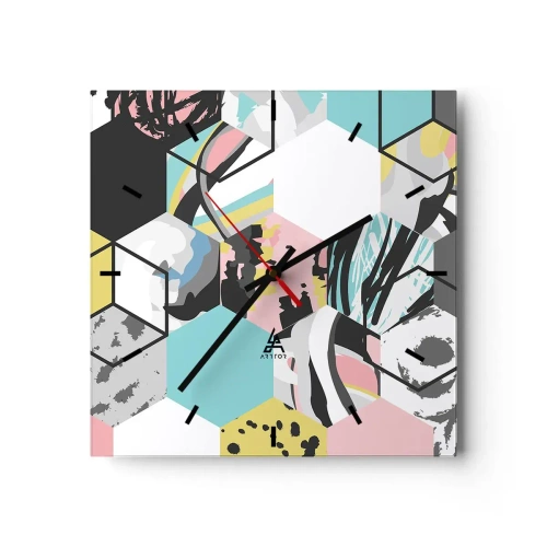 Zegar ścienny - Geometryczny wzór heksagonów z kolorowymi abstrakcyjnymi detalami - 30x30cm - Sześciokąty i sześciany w sześciu barwach - Nowoczesna dekoracja ścienna do salonu i sypialni ARTTOR