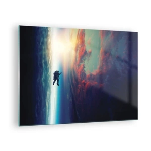 Obraz na szkle - Astronauta dryfujący w przestrzeni kosmicznej w stronę światła - 70x50cm - Mierzyć się ze wszechświatem - Nowoczesna dekoracja ścienna do salonu i sypialni ARTTOR