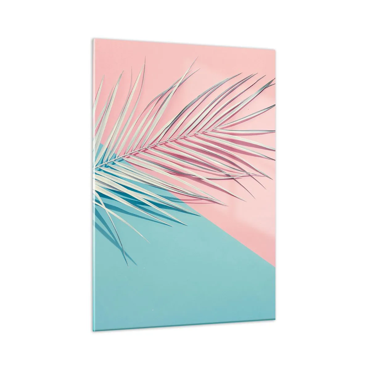 Obraz na szkle - Liść palmy na pastelowym tle w geometrycznej kompozycji - 50x70cm - Tropikalna impresja - Nowoczesna dekoracja ścienna do salonu, kuchni i sypialni ARTTOR