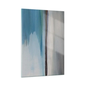 Obraz na szkle - Spokojny pejzaż z wodą i odległymi wzgórzami w pastelowych tonach - 50x70cm - Pejzaż horyzontalny - Nowoczesna dekoracja ścienna do salonu, kuchni i sypialni ARTTOR