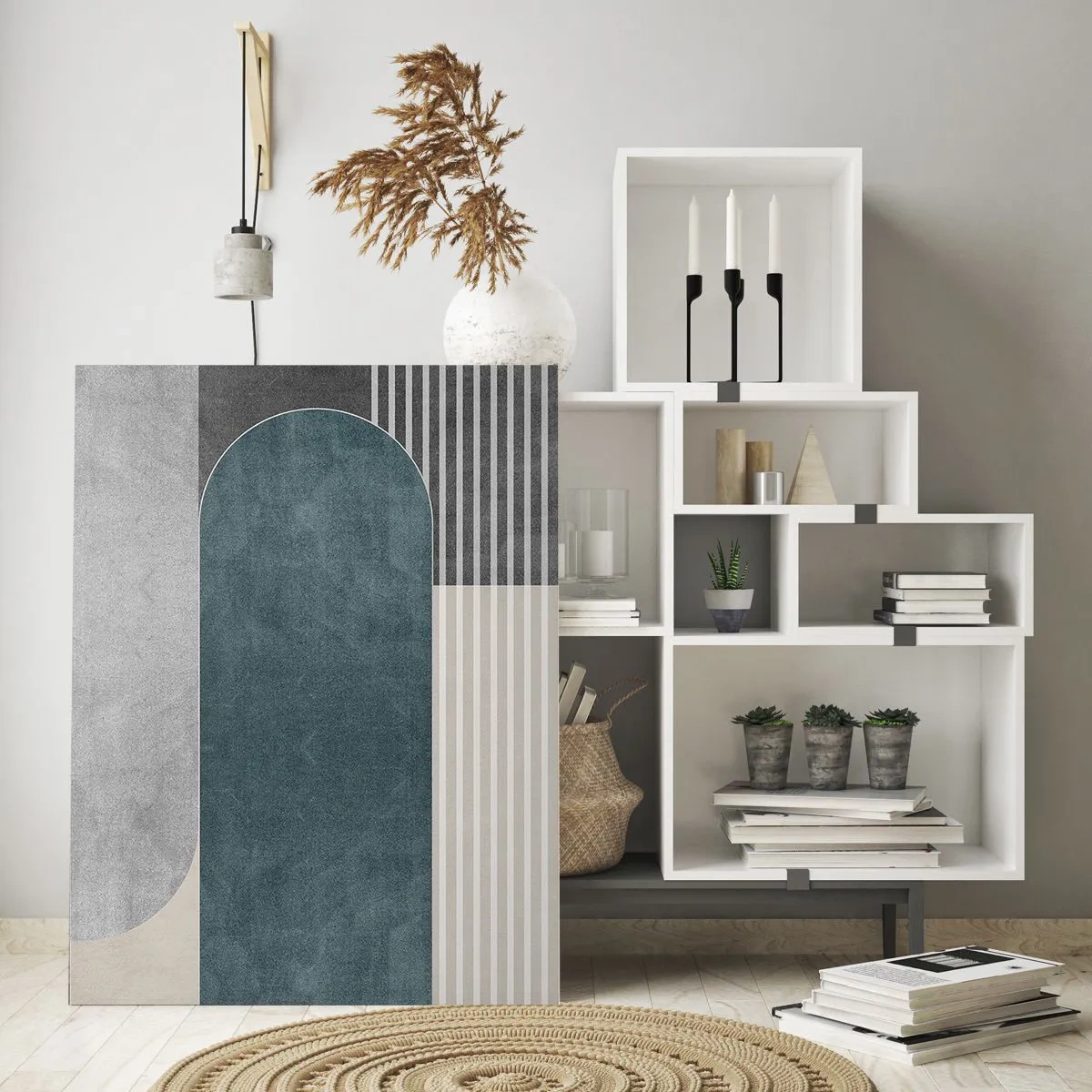 Obraz na szkle - Geometryczna forma w szarościach, beżu i zieleni - 50x70cm - Kompozycja na poziomie - Nowoczesna dekoracja ścienna do salonu, kuchni i sypialni ARTTOR