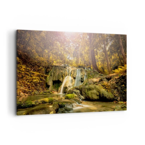 Obraz na płótnie - Leśny wodospad w promieniach słońca otoczony zielenią - 100x70cm - Leśna kaskada w zieleni - Nowoczesna dekoracja ścienna do salonu, kuchni i sypialni ARTTOR