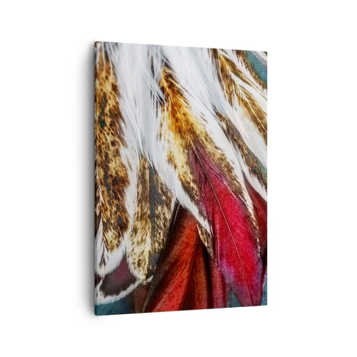 Obraz na płótnie - Kolorowe pióra z detalami w odcieniach bieli, brązu i czerwieni - 50x70cm - Tajemnice lotu - Nowoczesna dekoracja ścienna do salonu, kuchni i sypialni ARTTOR