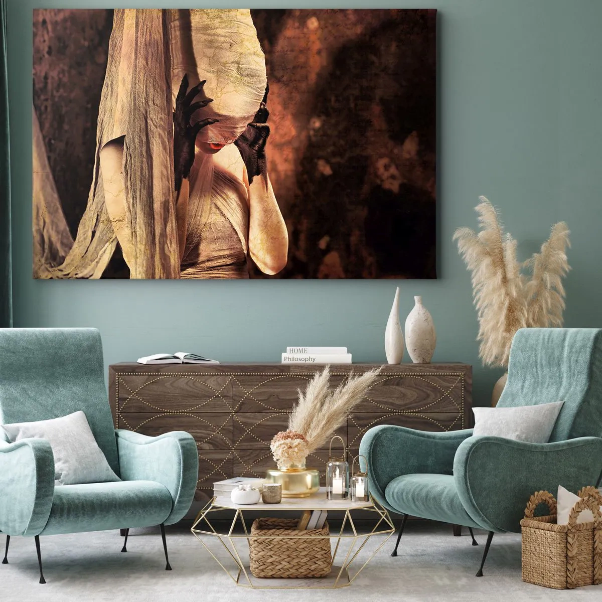 Obraz na płótnie - Kobieta w welonie z tajemniczą stylizacją w ciemnym tle - 70x50cm - Między dobrem a złem - Nowoczesna dekoracja ścienna do salonu i sypialni ARTTOR