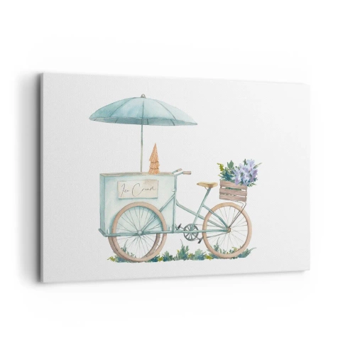 Obraz na płótnie - Rower z lodami i kwiatami pod parasolem w delikatnej pastelowej kolorystyce - 120x80cm - Słodkie wspomnienie lata - Nowoczesna dekoracja ścienna do salonu, kuchni i sypialni ARTTOR