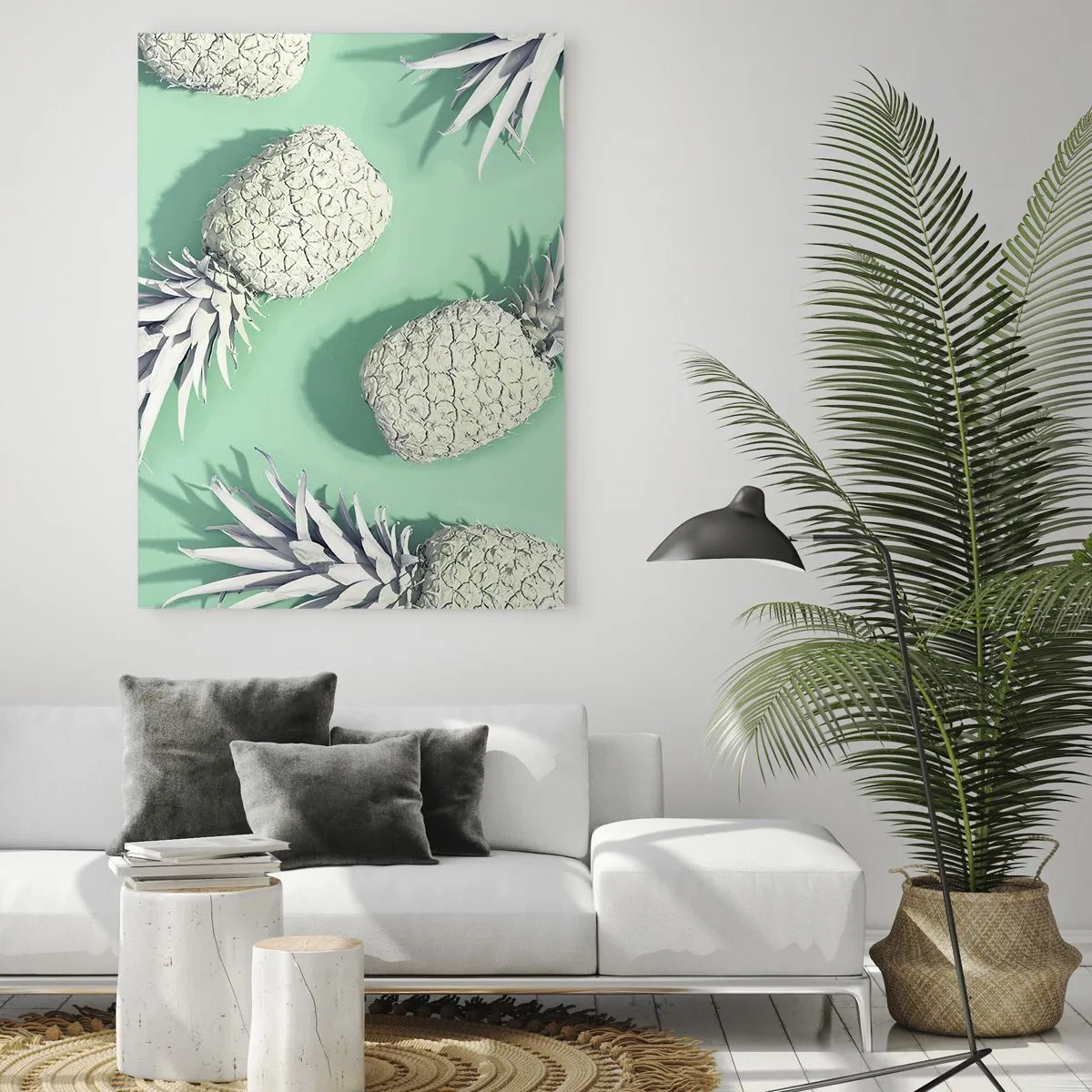 Obraz na szkle - Białe ananasy na miętowym tle w artystycznej kompozycji - 50x70cm - świetnie komponują się z miętą - Nowoczesna dekoracja ścienna do salonu, kuchni i sypialni ARTTOR