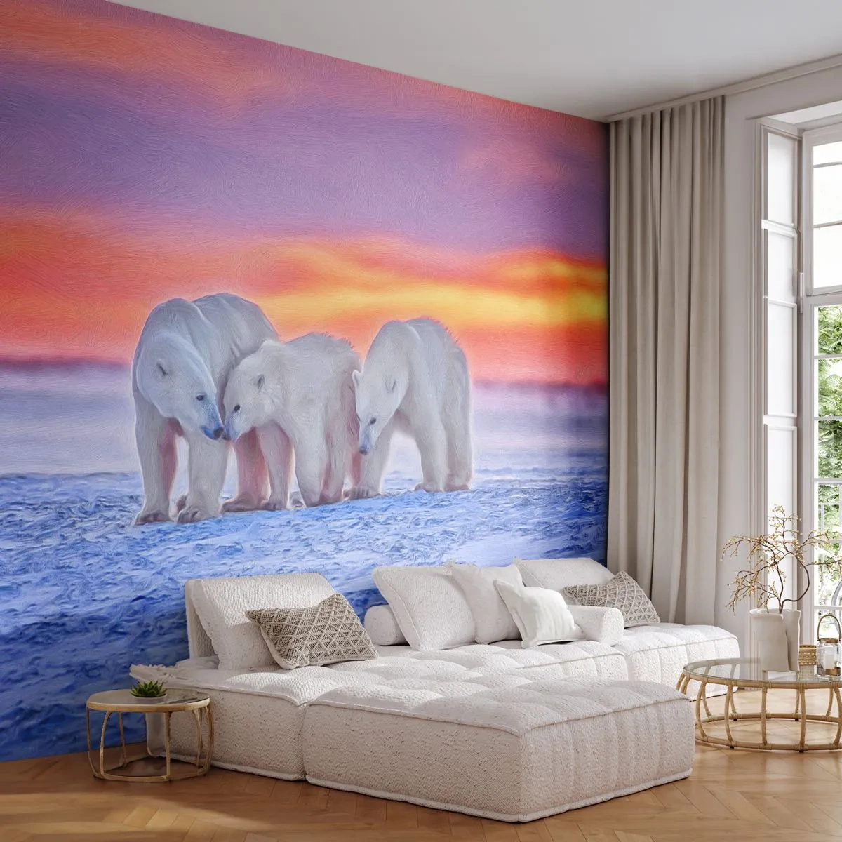 Fototapeta Premium Canvas - Wystarczy rodzinne ciepło - Zwierzęta, Niedźwiedź Polarny, Śnieg - 350x256 cm