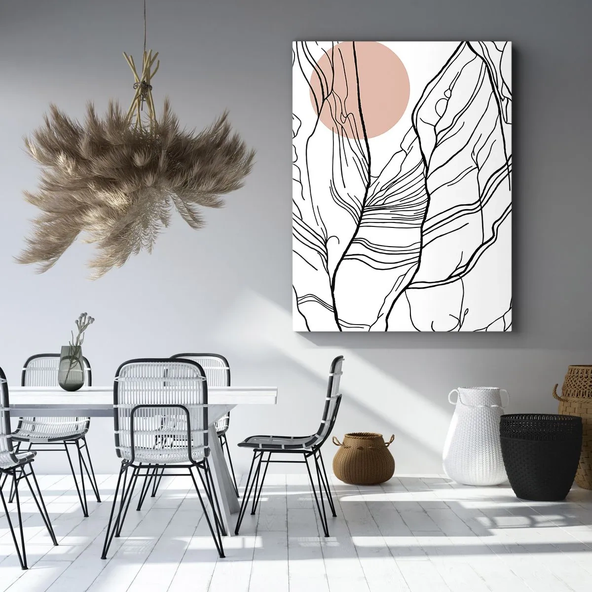 Obraz na płótnie - Graficzne liście w czarnym konturze z różowym kołem w tle - 50x70cm - W sieci gałązek - Nowoczesna dekoracja ścienna do salonu, kuchni i sypialni ARTTOR