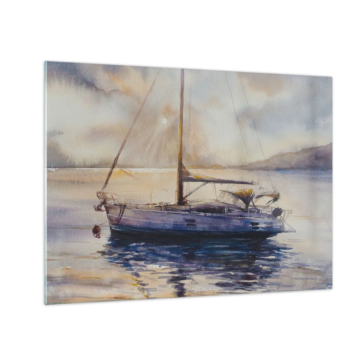 Obraz na szkle - Jacht zacumowany o zmierzchu w spokojnej zatoce - 70x50cm - Wieczór w zatoce - Nowoczesna dekoracja ścienna do salonu i sypialni ARTTOR