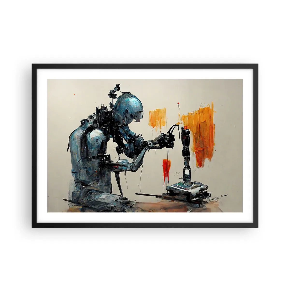 Plakat w czarnej ramie - Robot przy pracy z abstrakcyjnym tłem - 70x50cm - Już jutro… - Nowoczesna dekoracja ścienna do salonu i sypialni ARTTOR