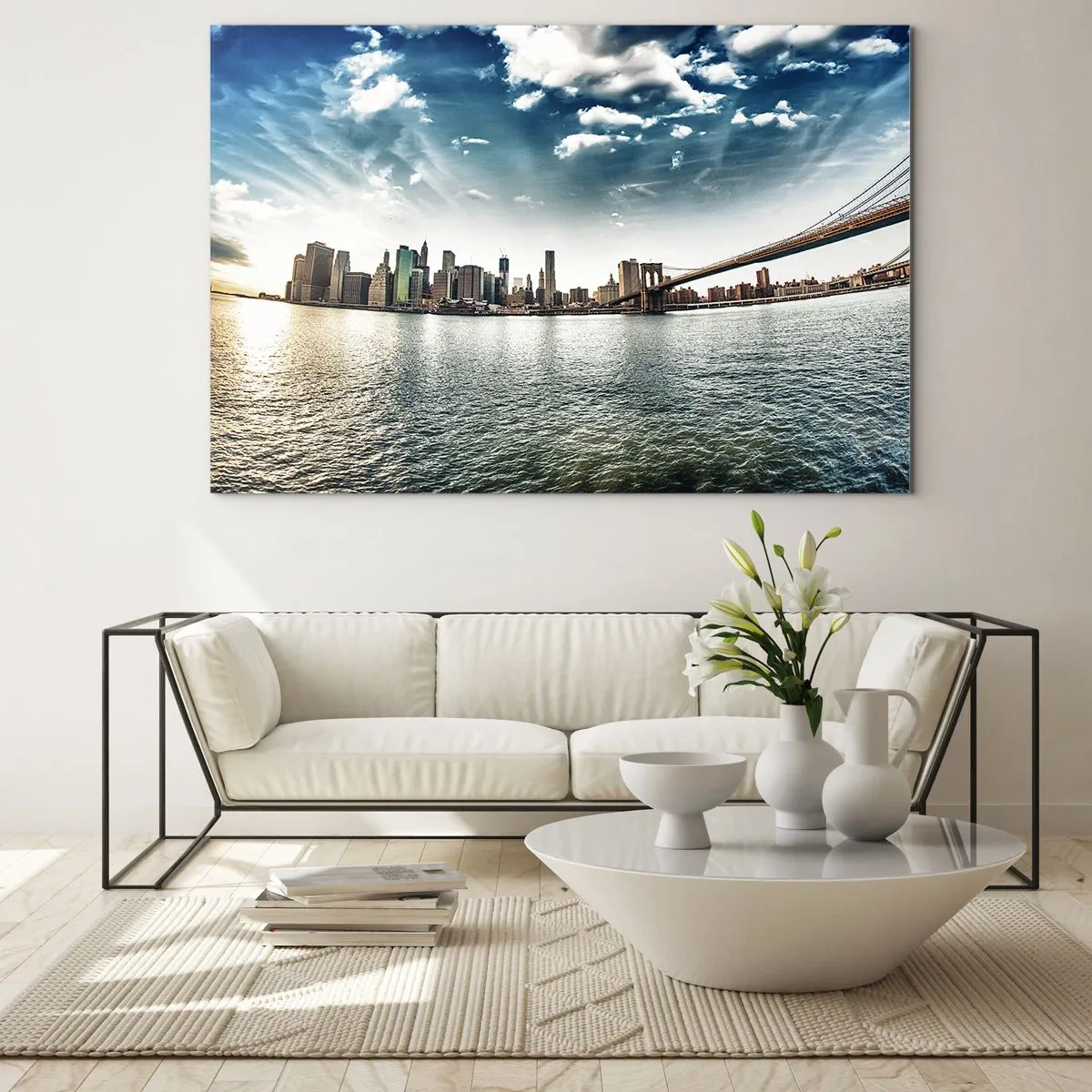 Obraz na szkle - Panorama Nowego Jorku z mostem Brooklyn - 70x50cm - Szklana wyspa - Nowoczesna dekoracja ścienna do salonu i sypialni ARTTOR